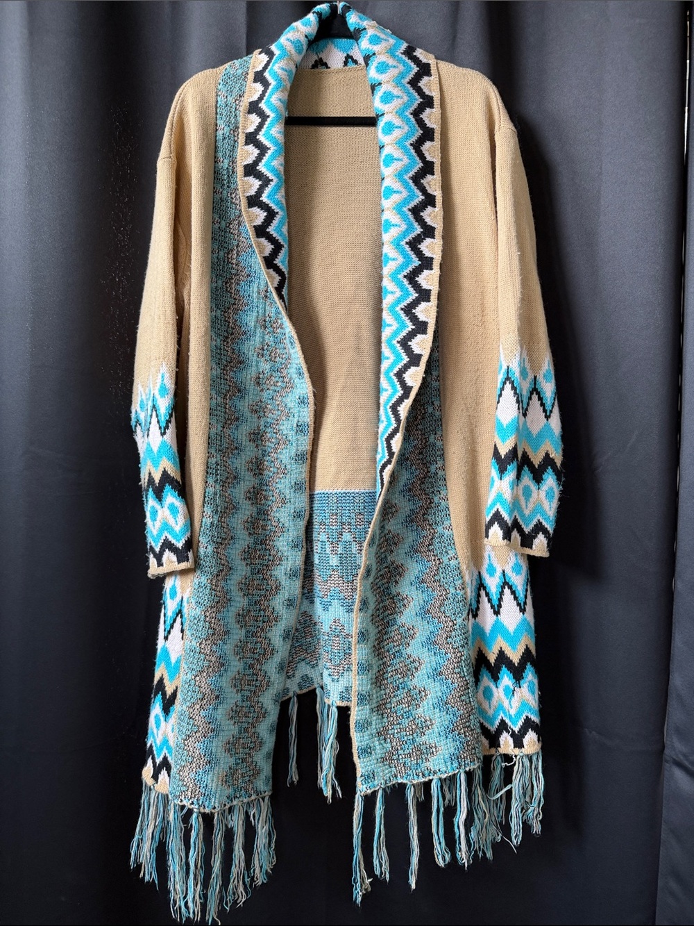 Boho Fringe Open-Front Sweater Cardigan in Beige and Turquoise